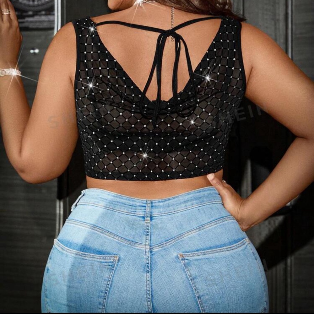 NEW| SHEIN Women’s Plus Size Rhinestone Draped Collar Blouse - Picture 3 of 4
